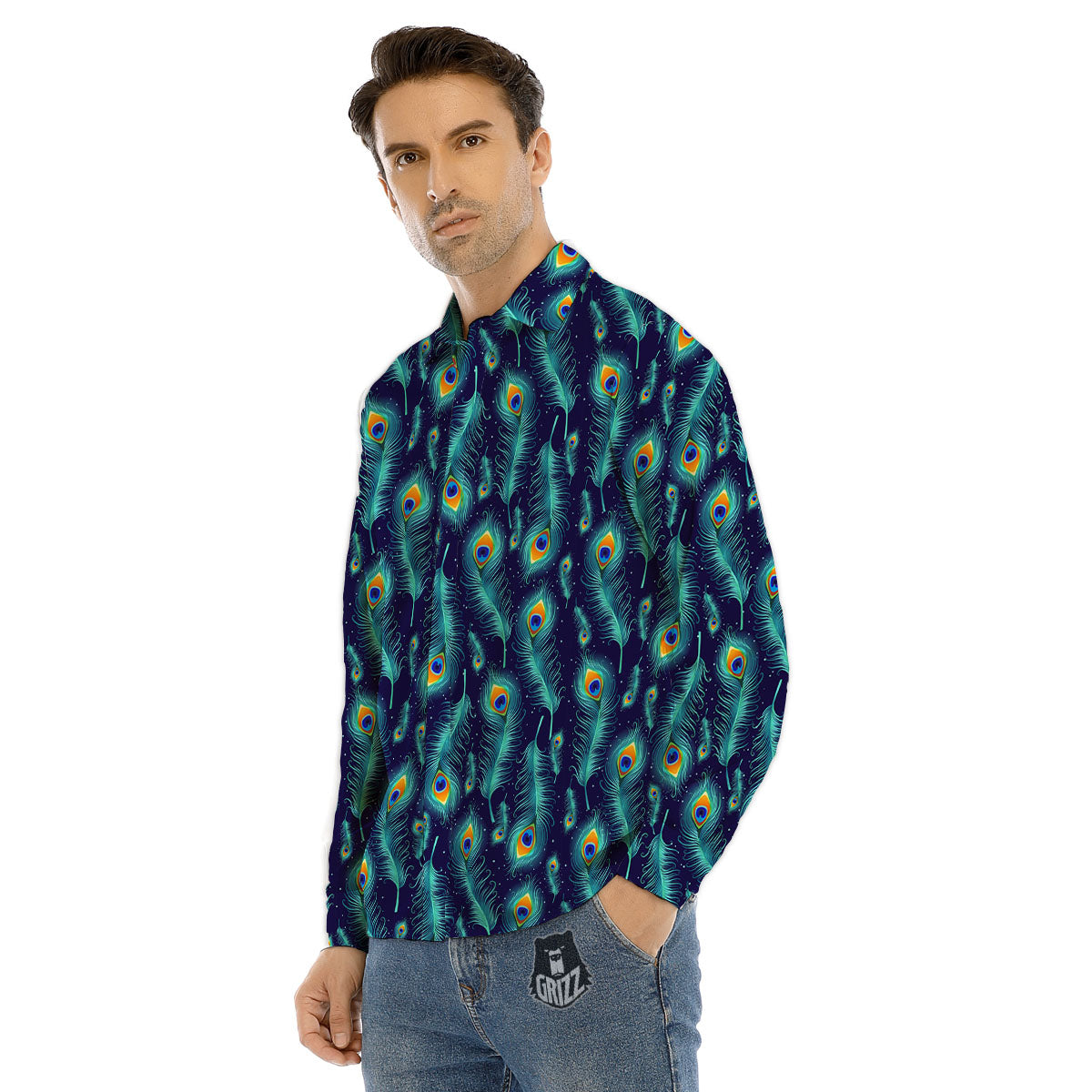 Peacock Tail Print Pattern Men's Dress Shirts-grizzshop