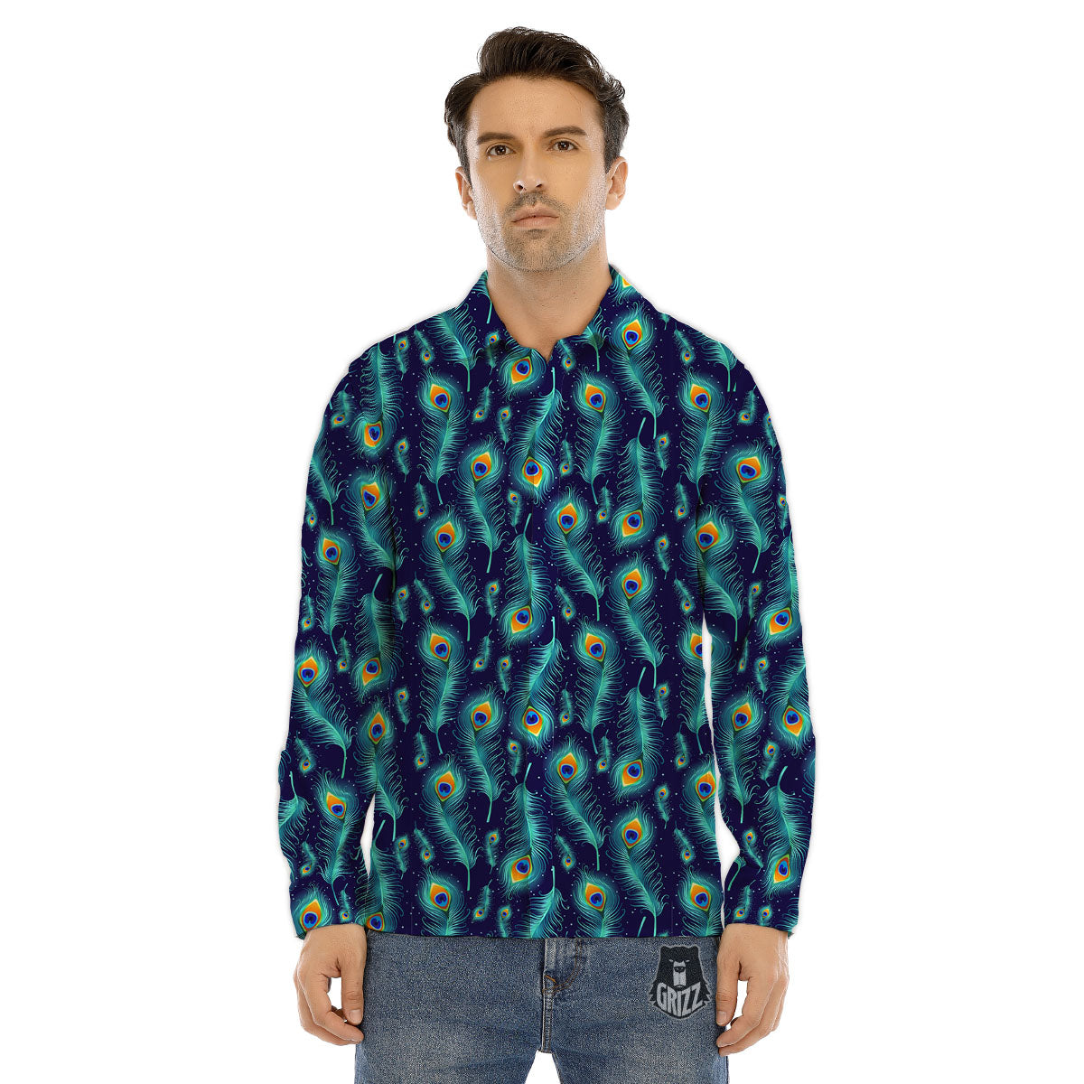 Peacock Tail Print Pattern Men's Dress Shirts-grizzshop