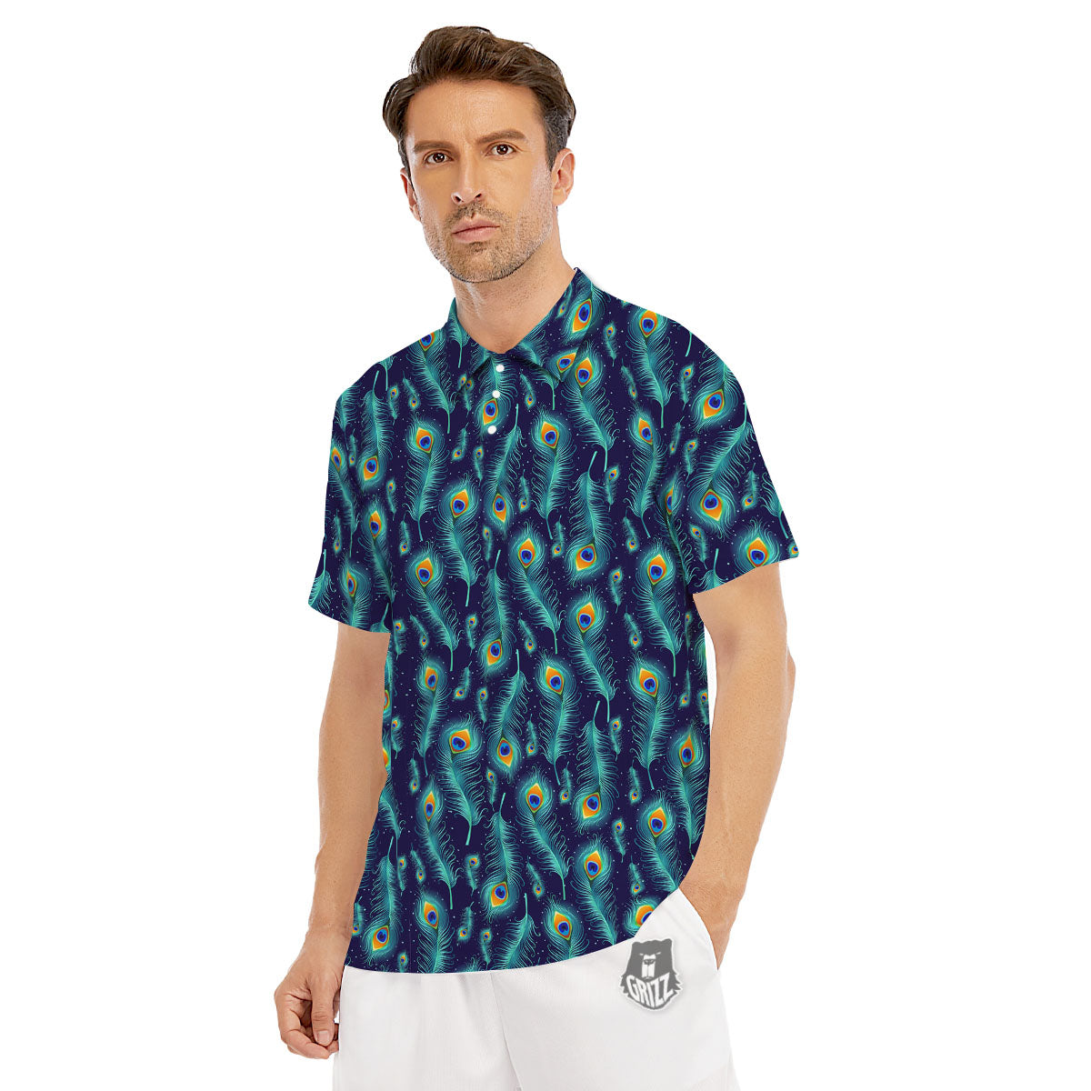 Peacock Tail Print Pattern Men's Golf Shirts-grizzshop