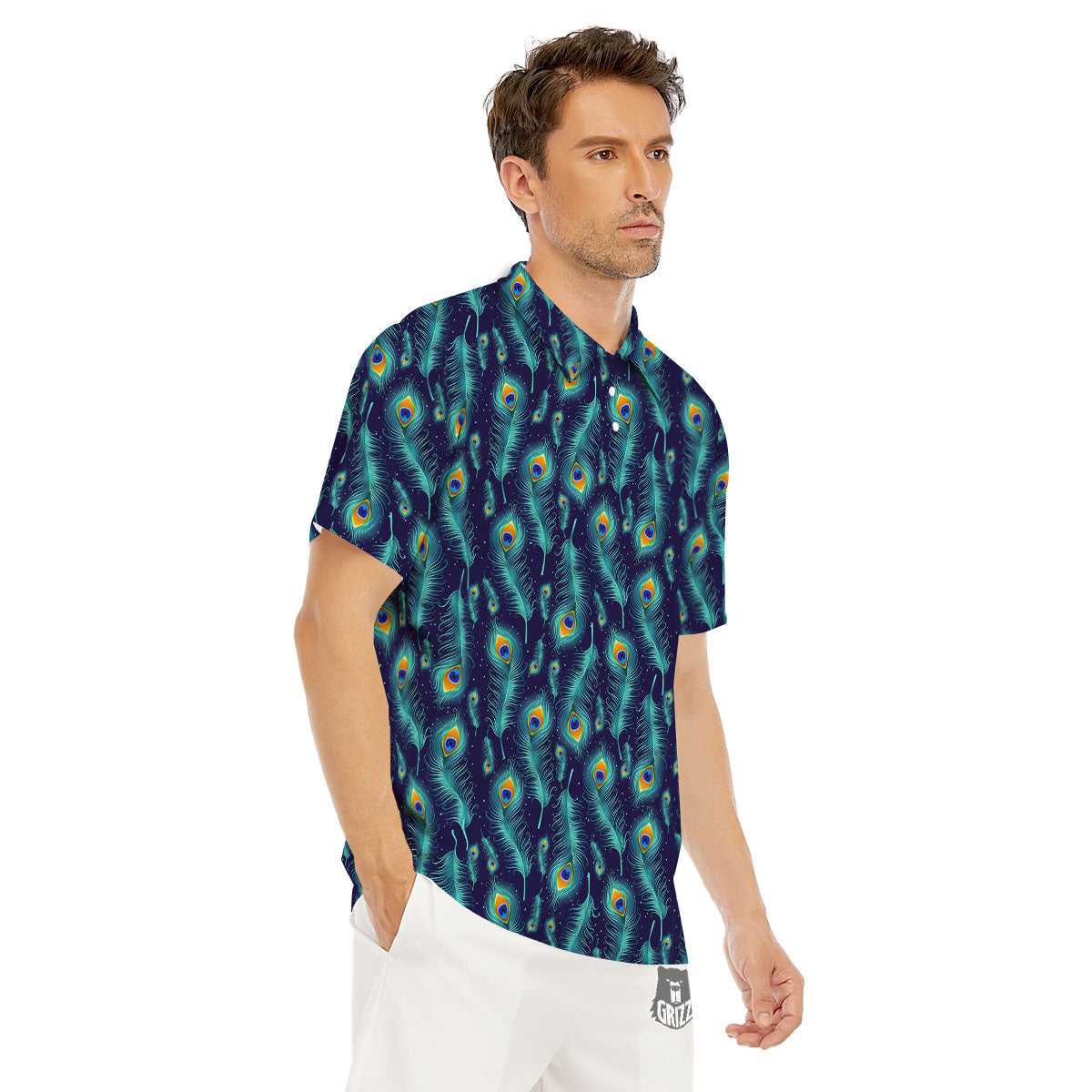Peacock Tail Print Pattern Men's Golf Shirts-grizzshop