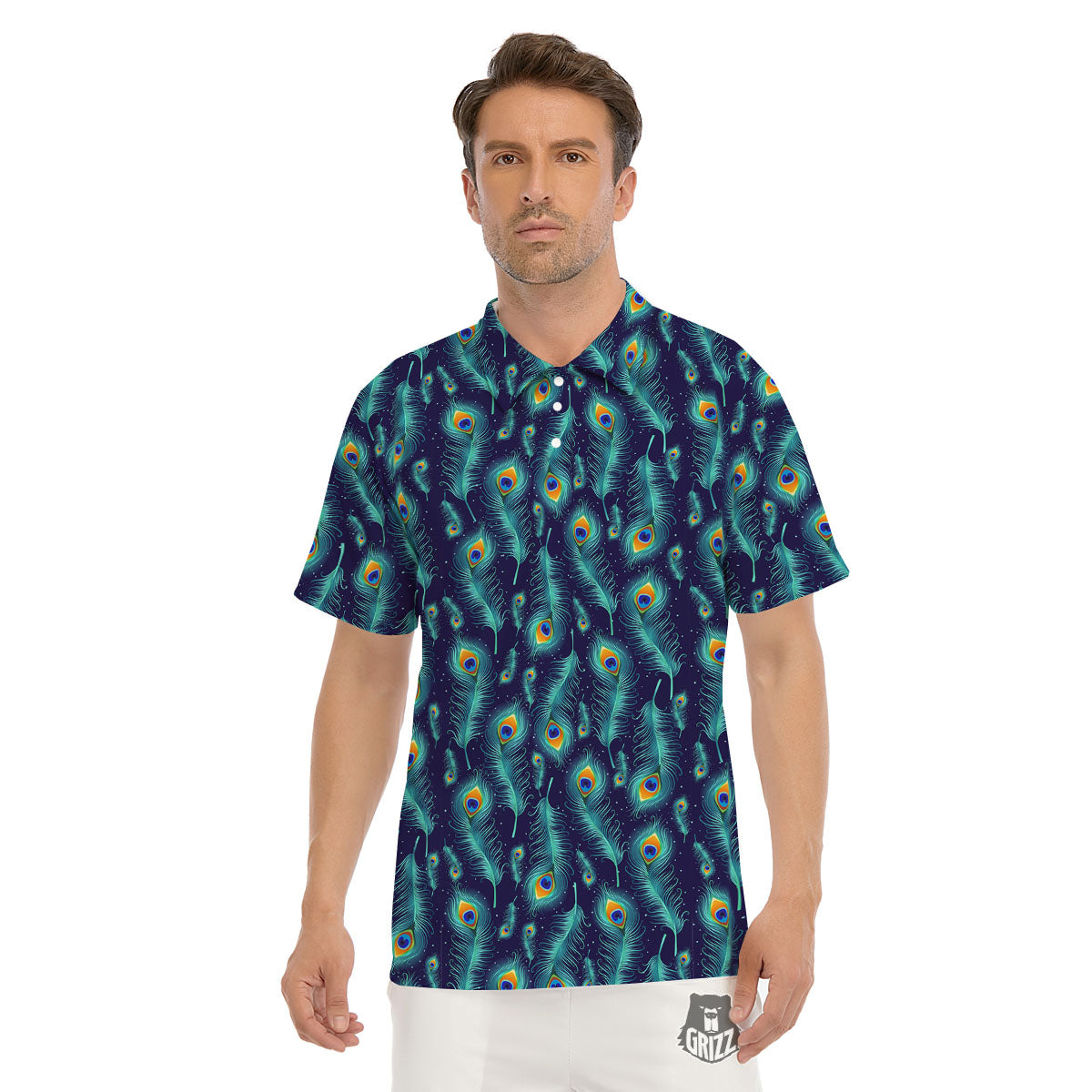 Peacock Tail Print Pattern Men's Golf Shirts-grizzshop