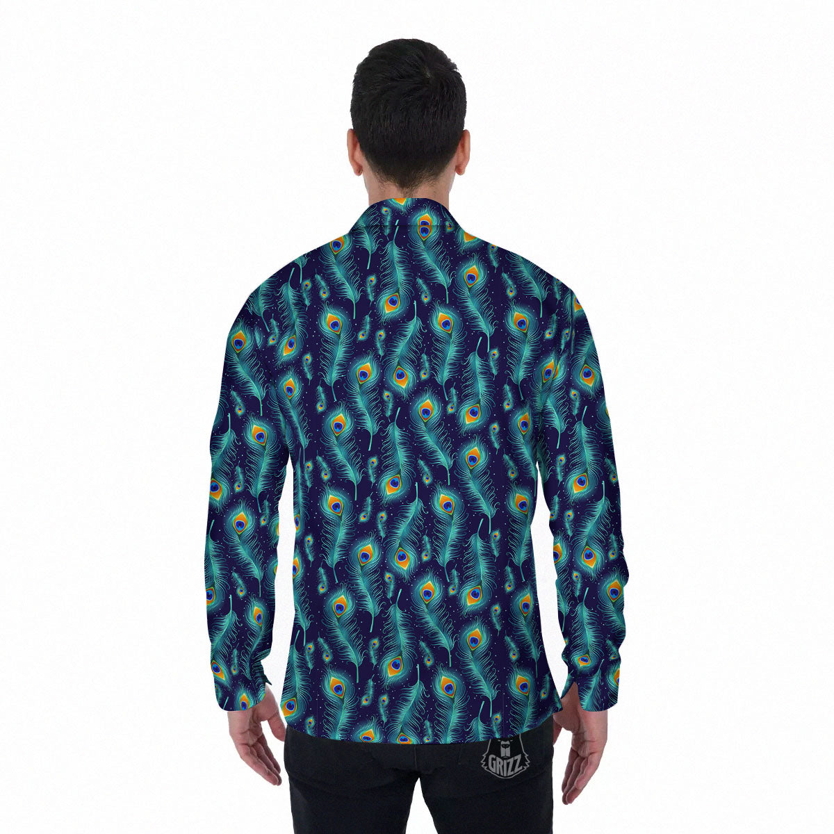 Peacock Tail Print Pattern Men's Long Sleeve Shirts-grizzshop