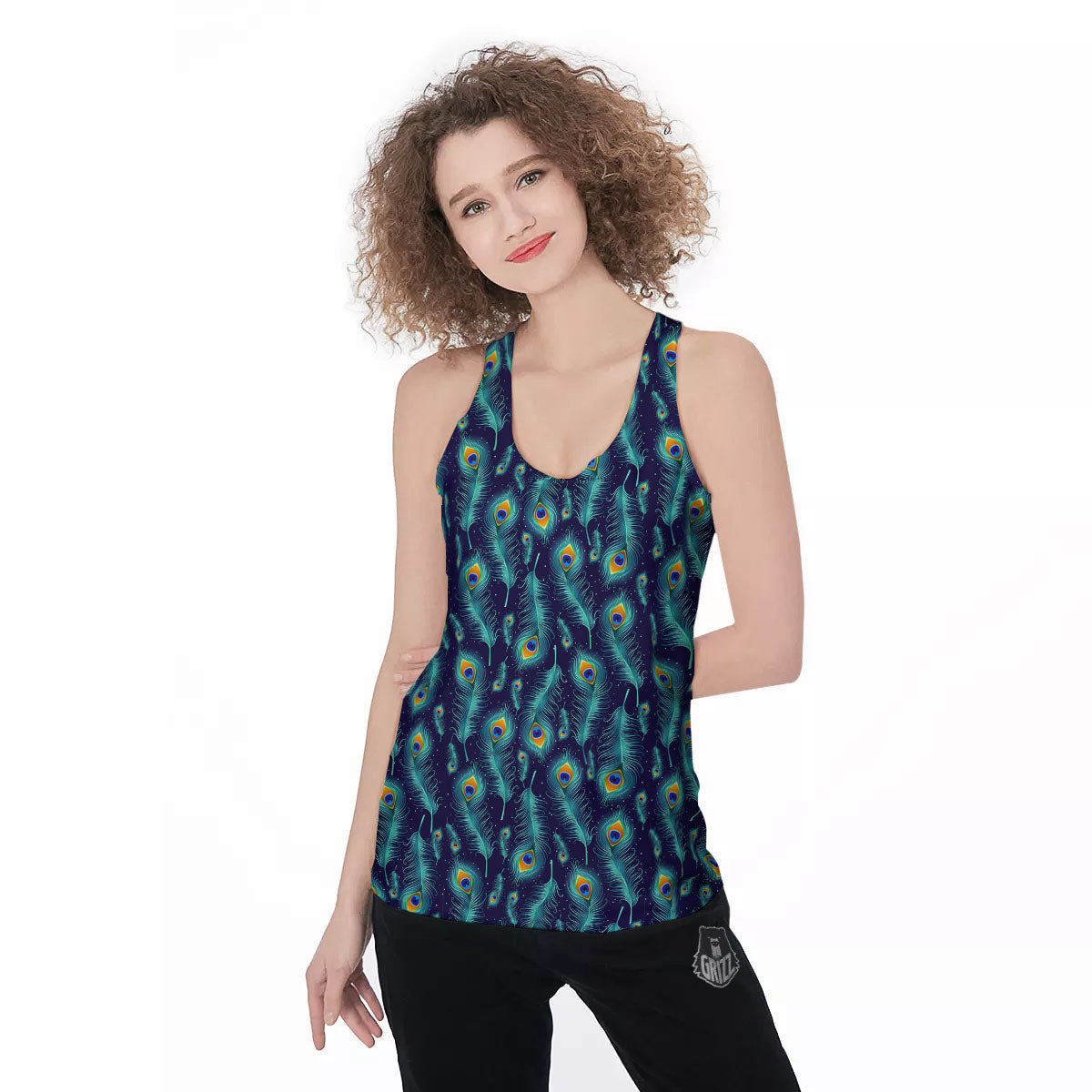 Peacock Tail Print Pattern Women's Racerback Tank Top-grizzshop