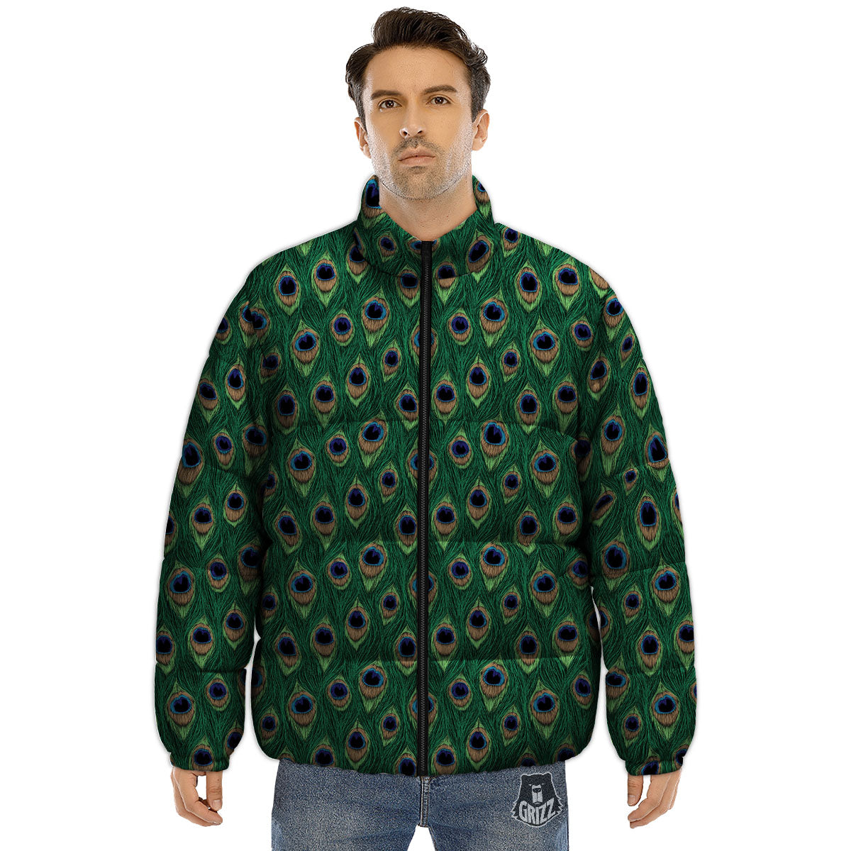 Peacock Tail Print Puffer Jacket-grizzshop