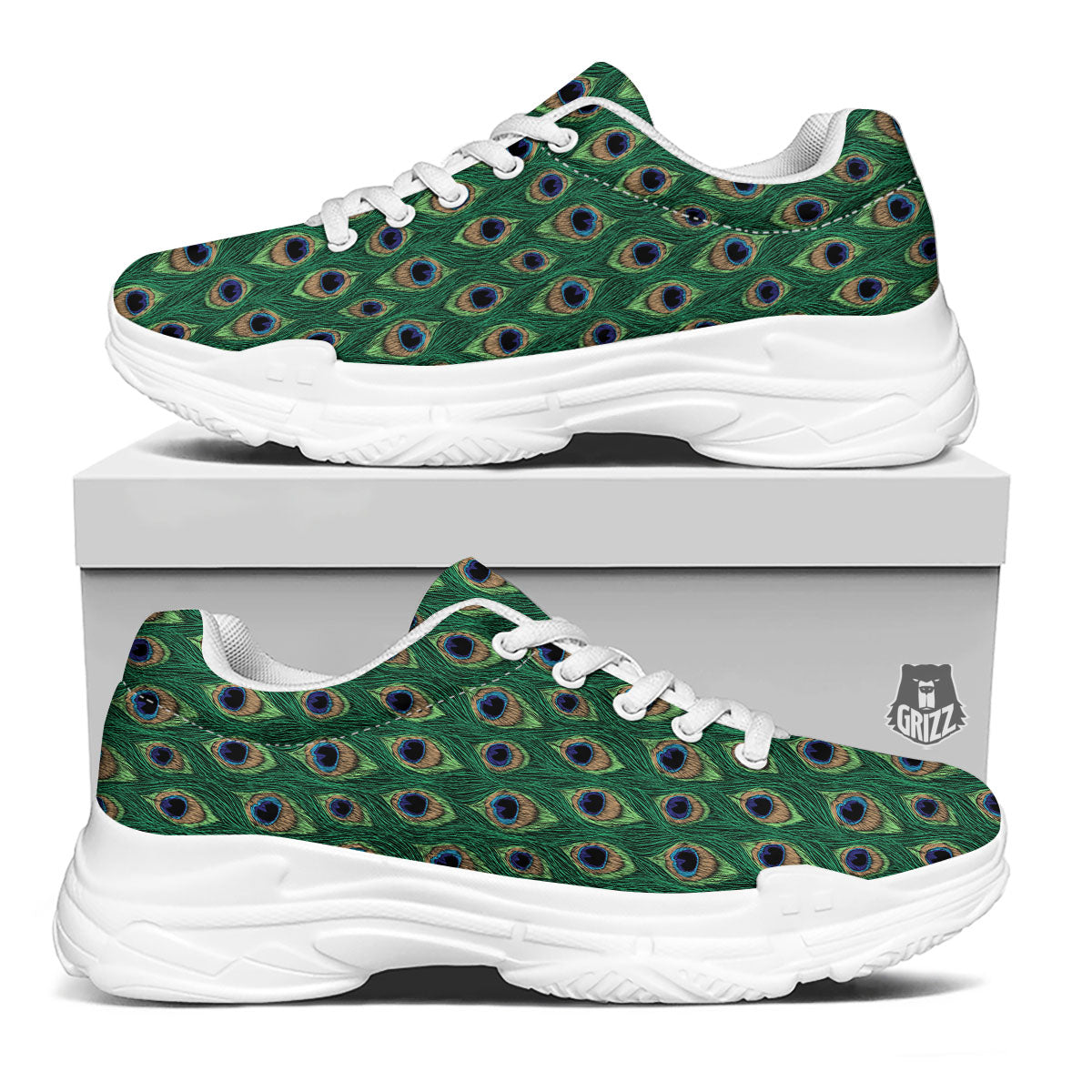 Peacock Tail Print White Chunky Shoes-grizzshop