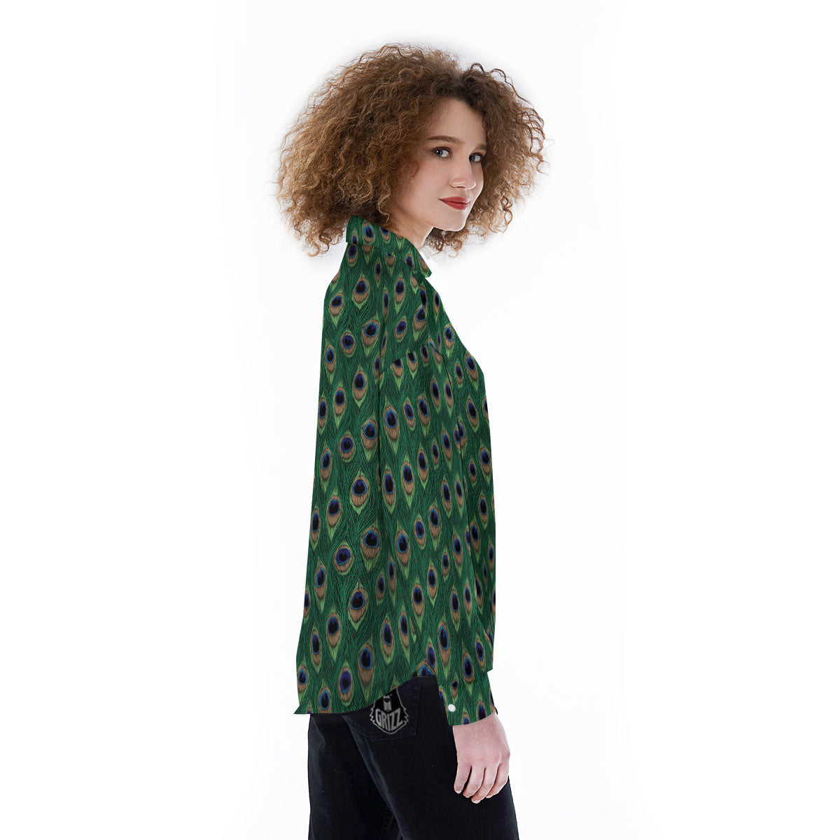 Peacock Tail Print Women's Long Sleeve Shirts-grizzshop