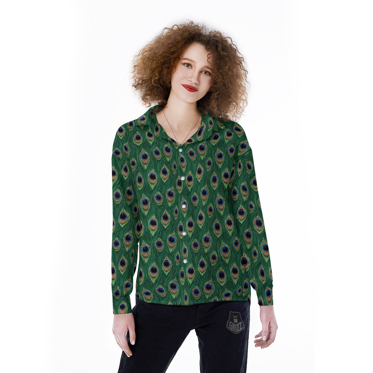 Peacock Tail Print Women's Long Sleeve Shirts-grizzshop