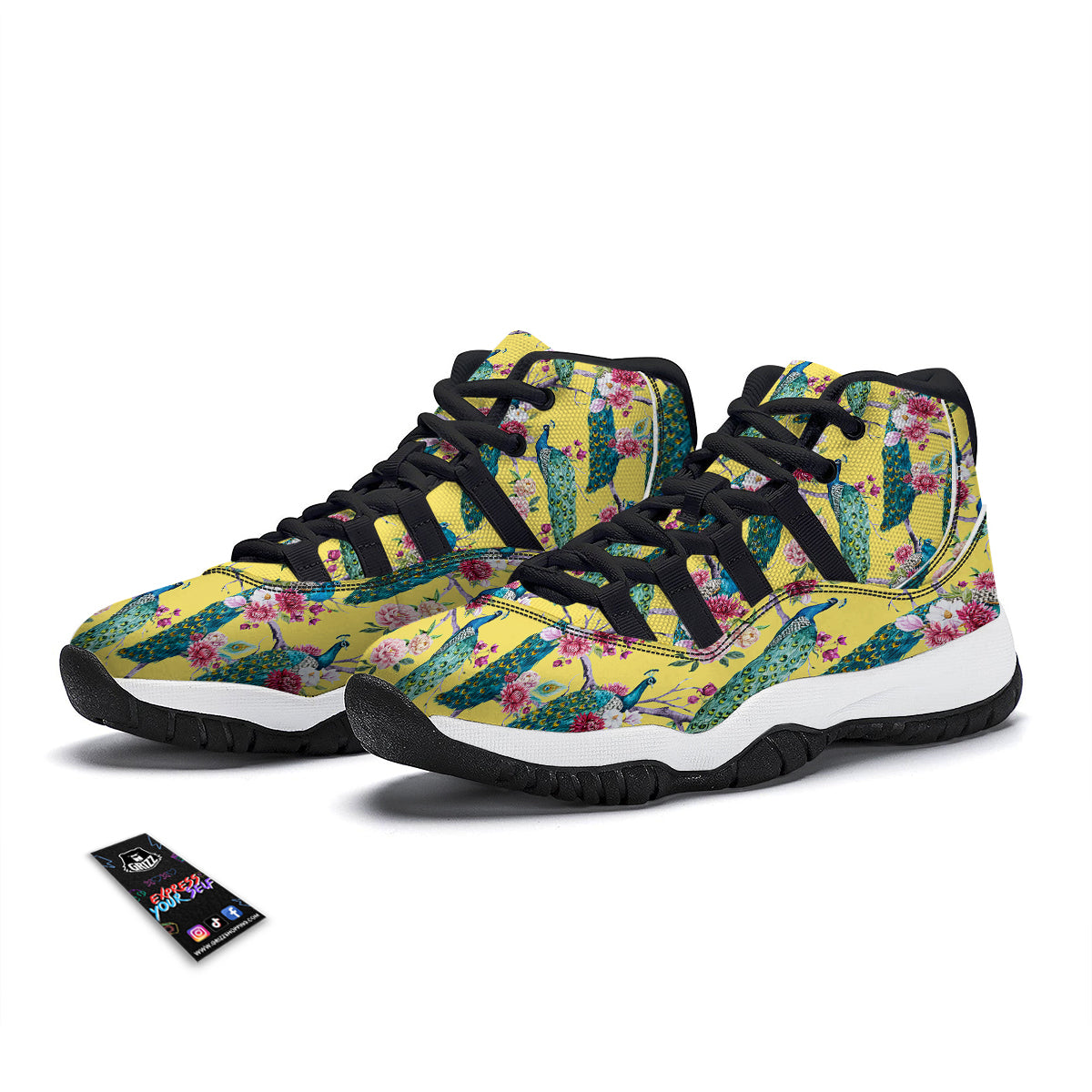 Peacock Vintage Watercolor Print Pattern Black Bball Shoes-grizzshop