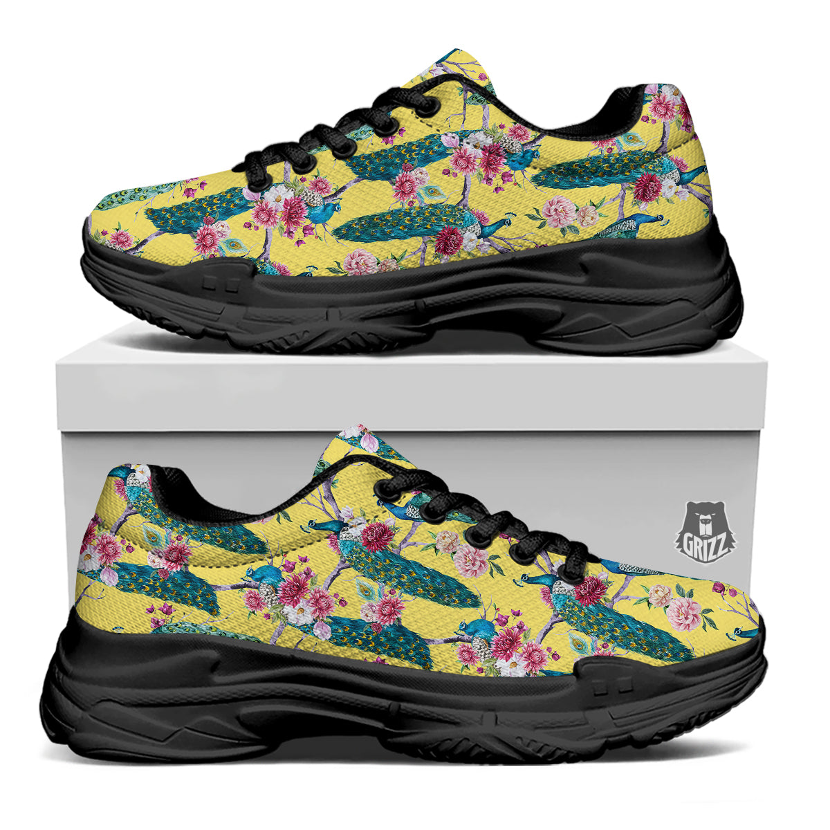 Peacock Vintage Watercolor Print Pattern Black Chunky Shoes-grizzshop