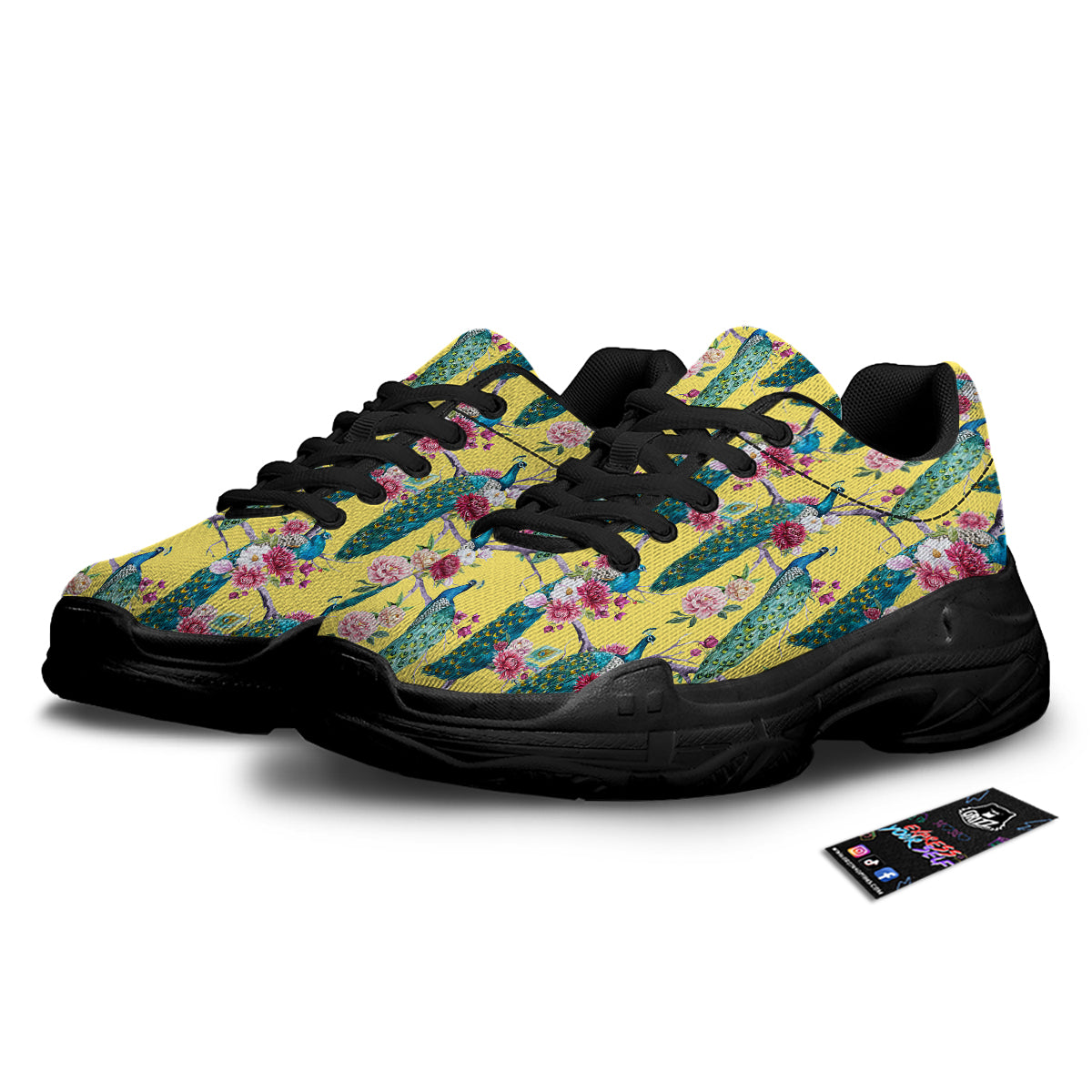 Peacock Vintage Watercolor Print Pattern Black Chunky Shoes-grizzshop