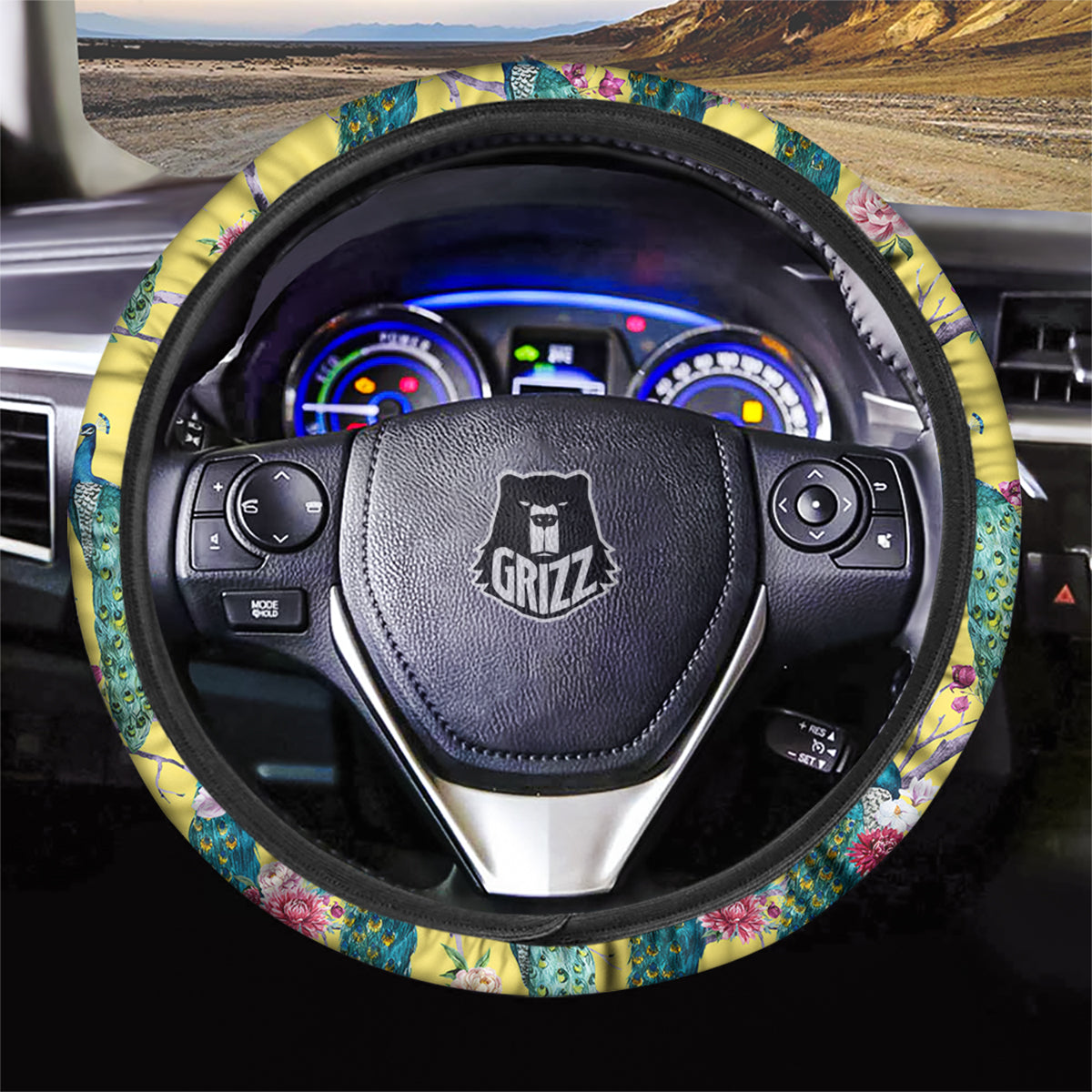 Peacock Vintage Watercolor Print Pattern Car Steering Wheel Cover-grizzshop