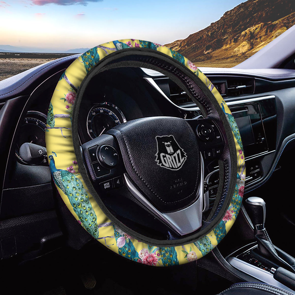 Peacock Vintage Watercolor Print Pattern Car Steering Wheel Cover-grizzshop