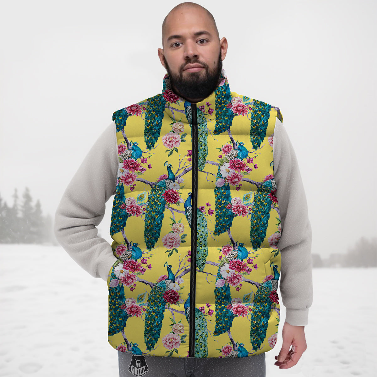 Peacock Vintage Watercolor Print Pattern Down Vest