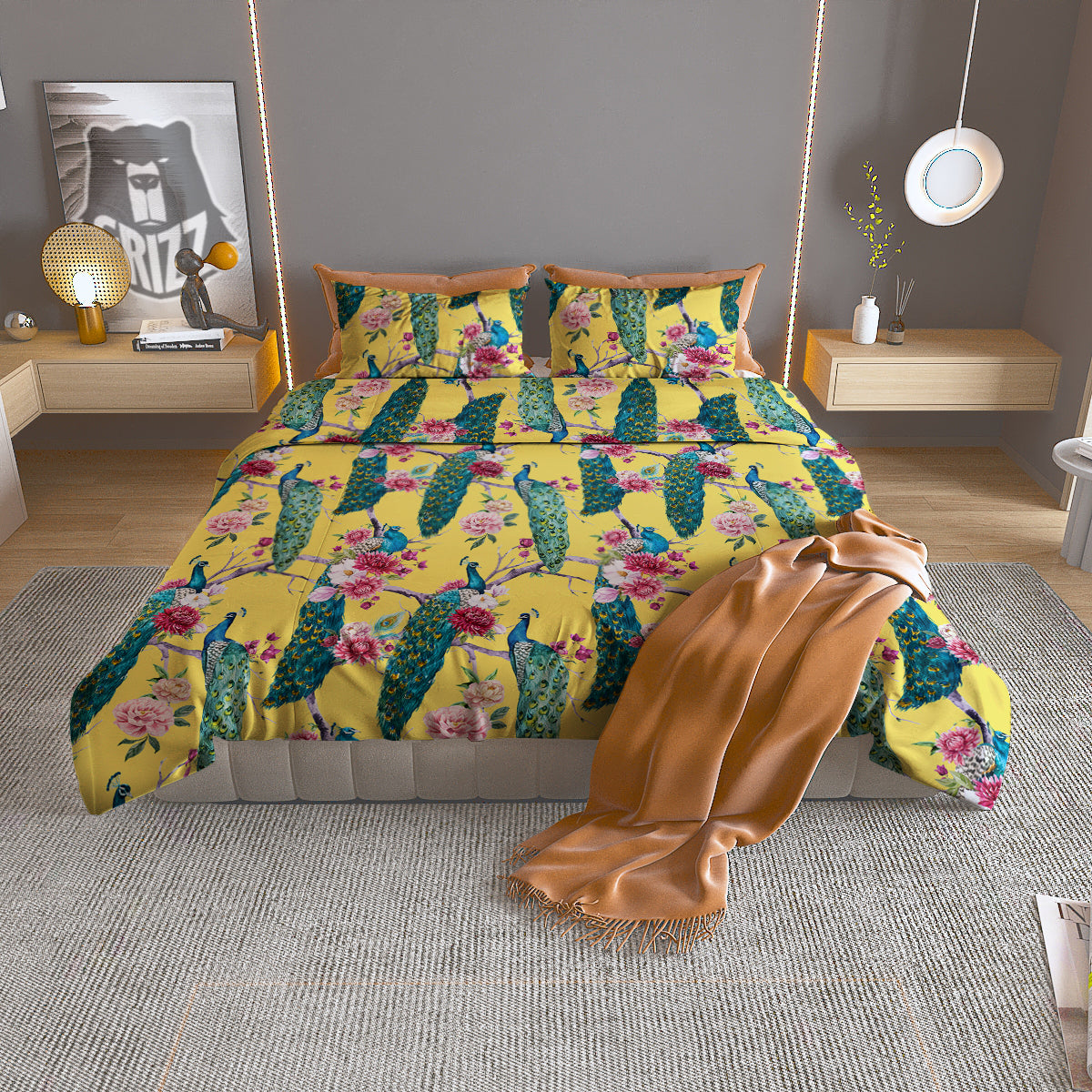 Peacock Vintage Watercolor Print Pattern Duvet Cover Bedding Set