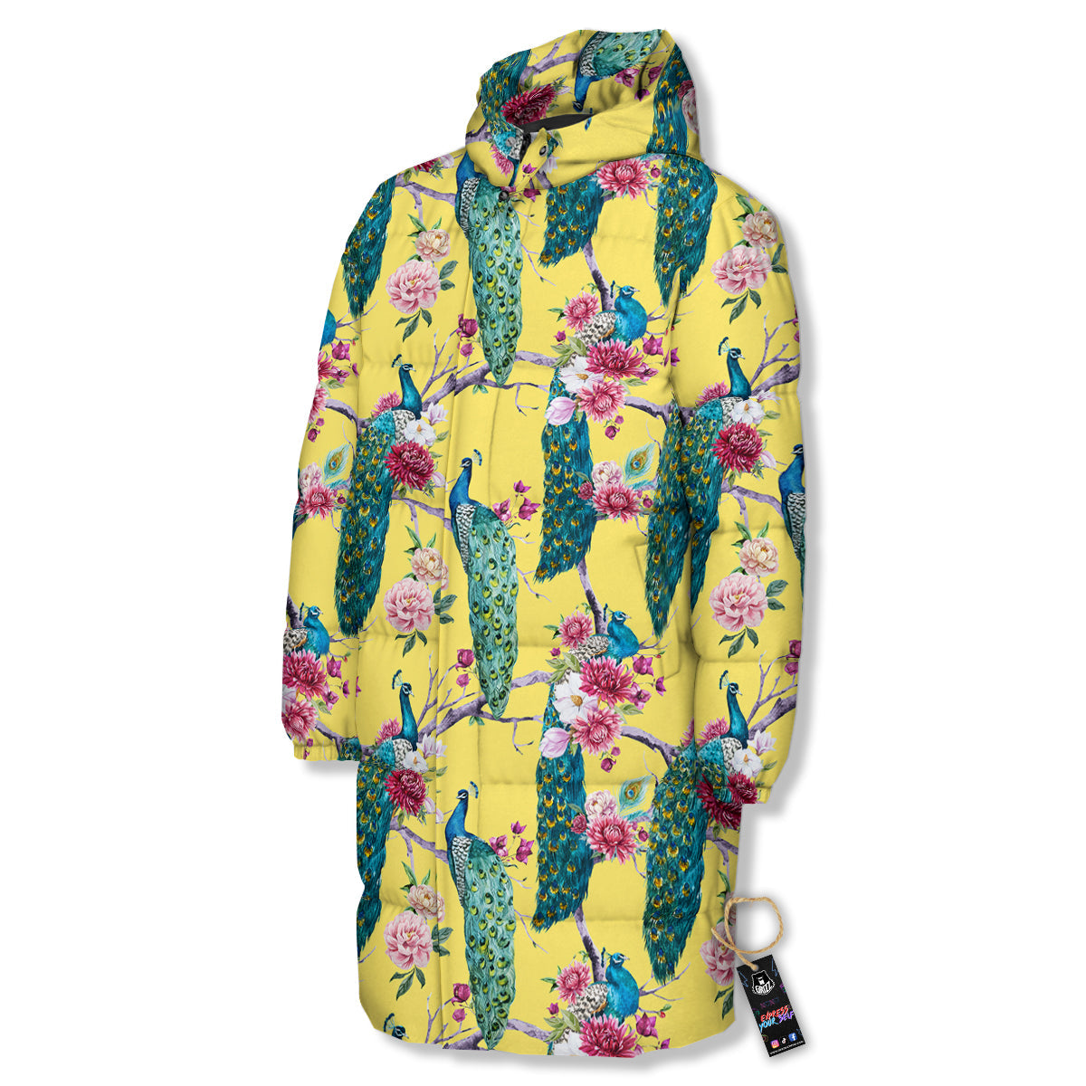 Peacock Vintage Watercolor Print Pattern Long Down Jacket-grizzshop