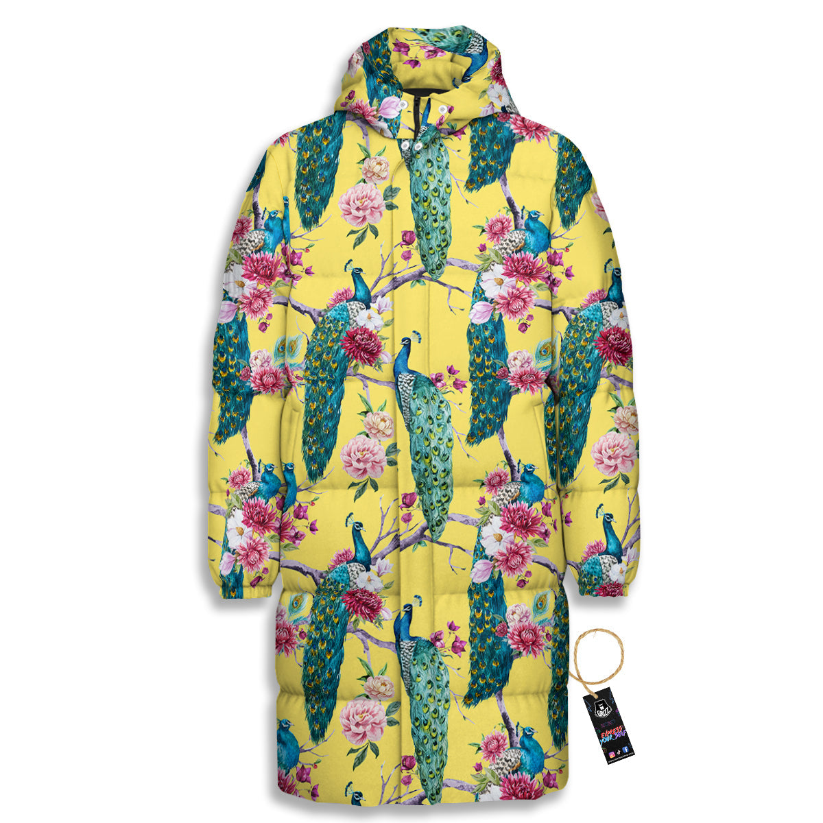 Peacock Vintage Watercolor Print Pattern Long Down Jacket-grizzshop