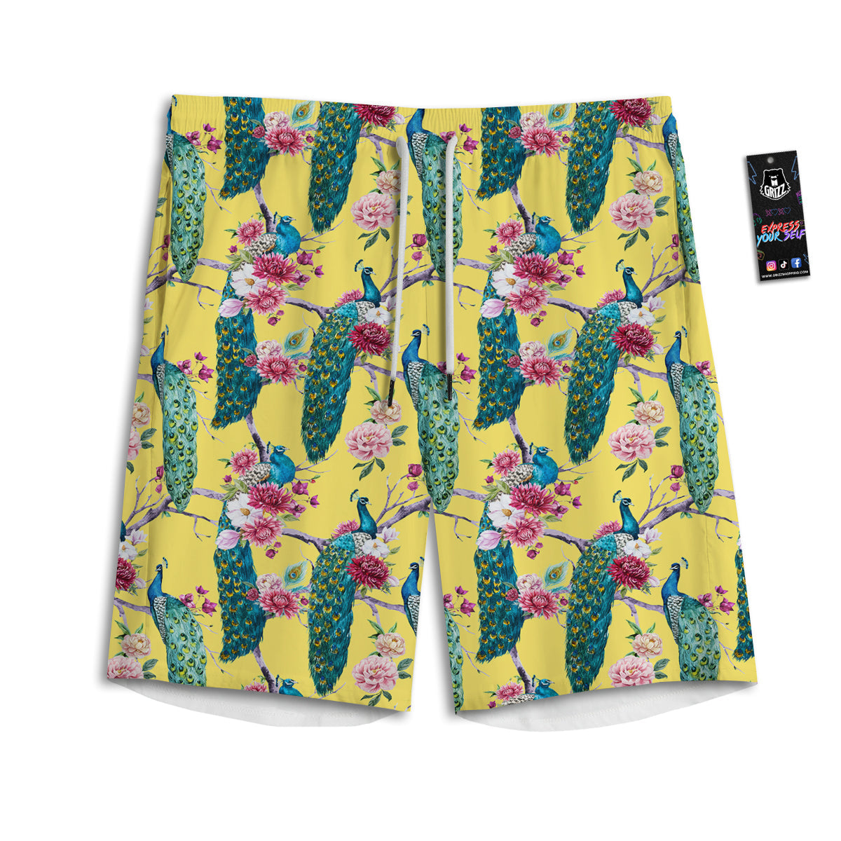 Peacock Vintage Watercolor Print Pattern Men's Athletic Shorts