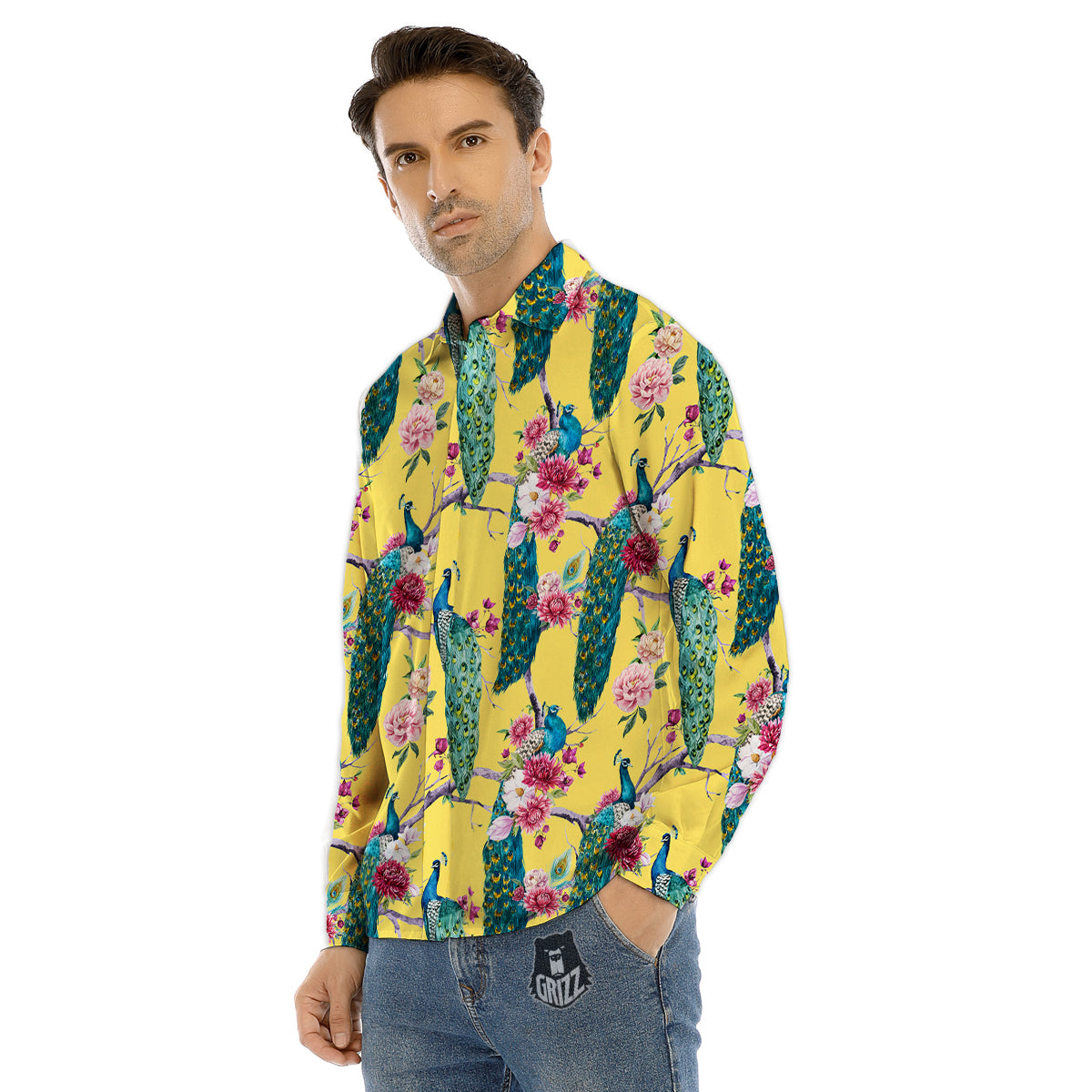 Peacock Vintage Watercolor Print Pattern Men's Dress Shirts-grizzshop