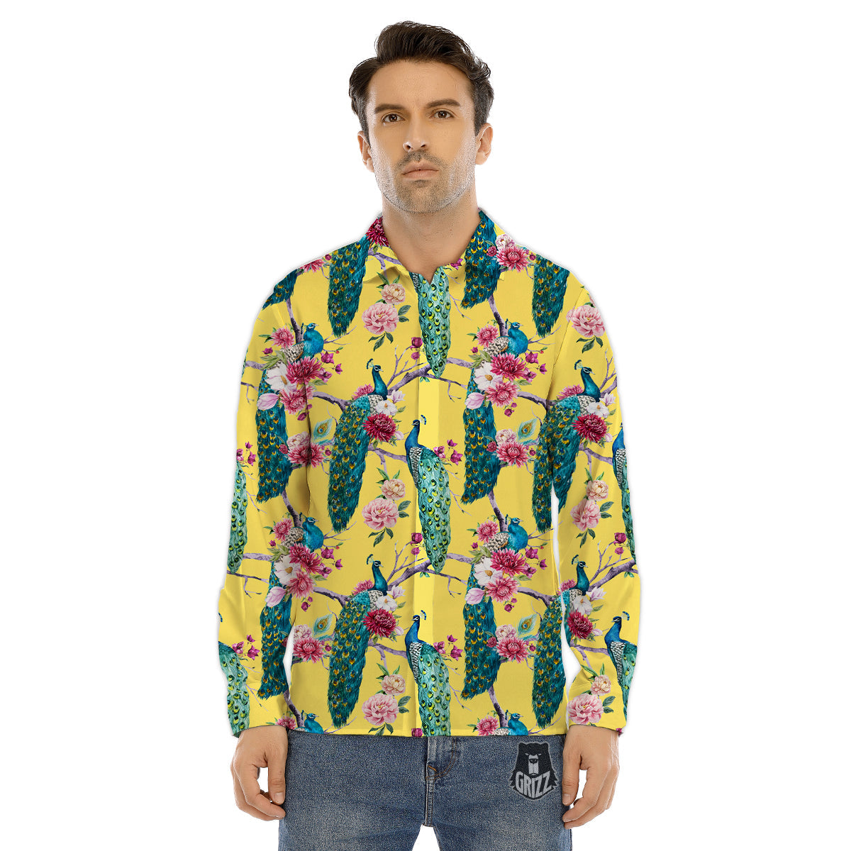 Peacock Vintage Watercolor Print Pattern Men's Dress Shirts-grizzshop