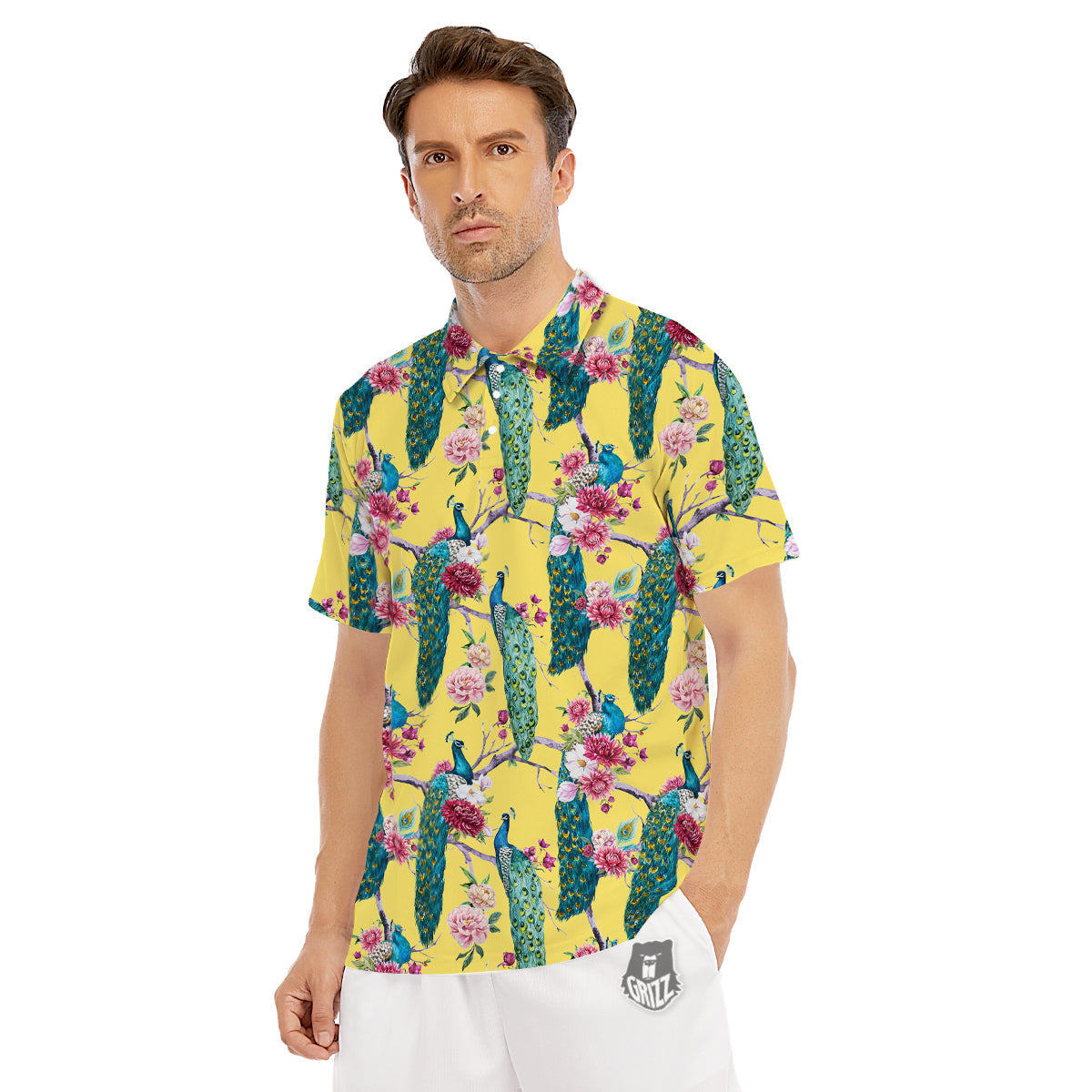 Peacock Vintage Watercolor Print Pattern Men's Golf Shirts-grizzshop
