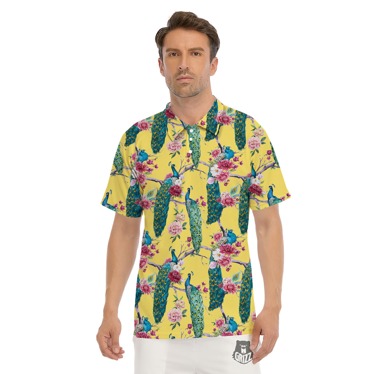 Peacock Vintage Watercolor Print Pattern Men's Golf Shirts-grizzshop