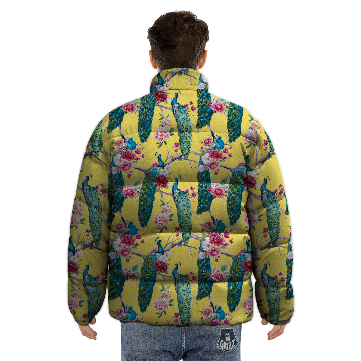 Peacock Vintage Watercolor Print Pattern Puffer Jacket-grizzshop