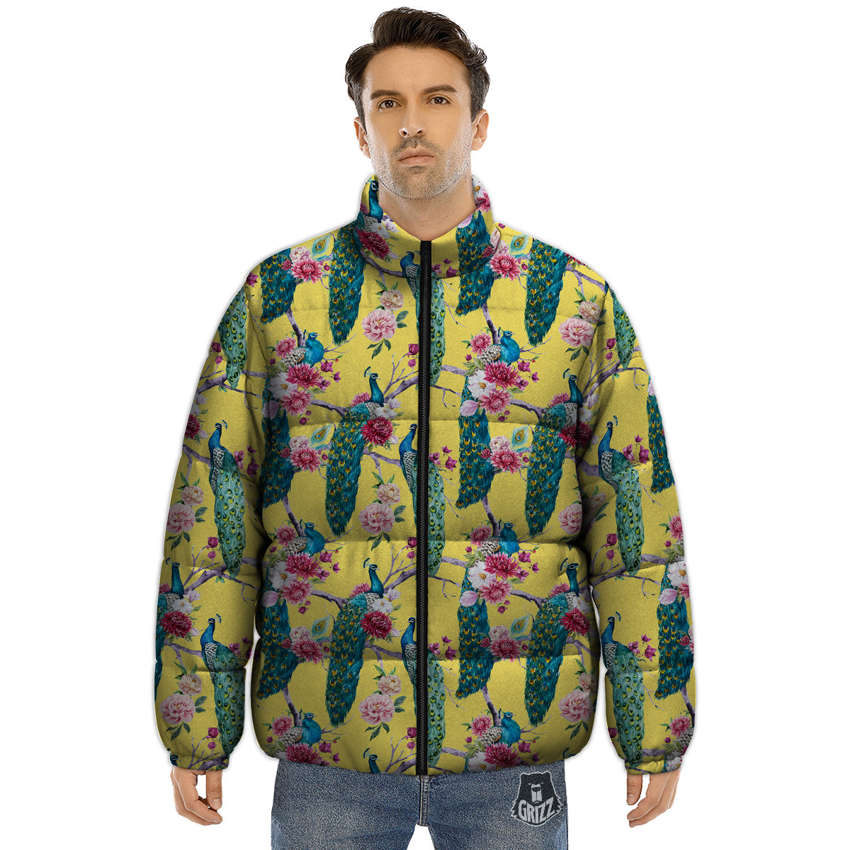 Peacock Vintage Watercolor Print Pattern Puffer Jacket-grizzshop