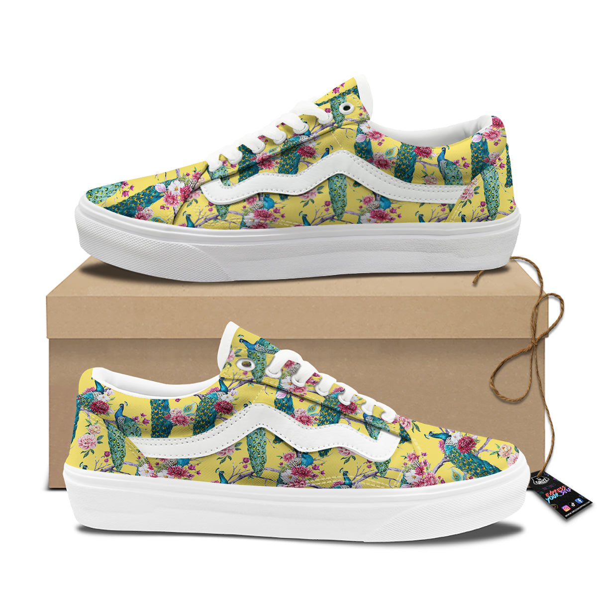 Peacock Vintage Watercolor Print Pattern Skate Shoes-grizzshop