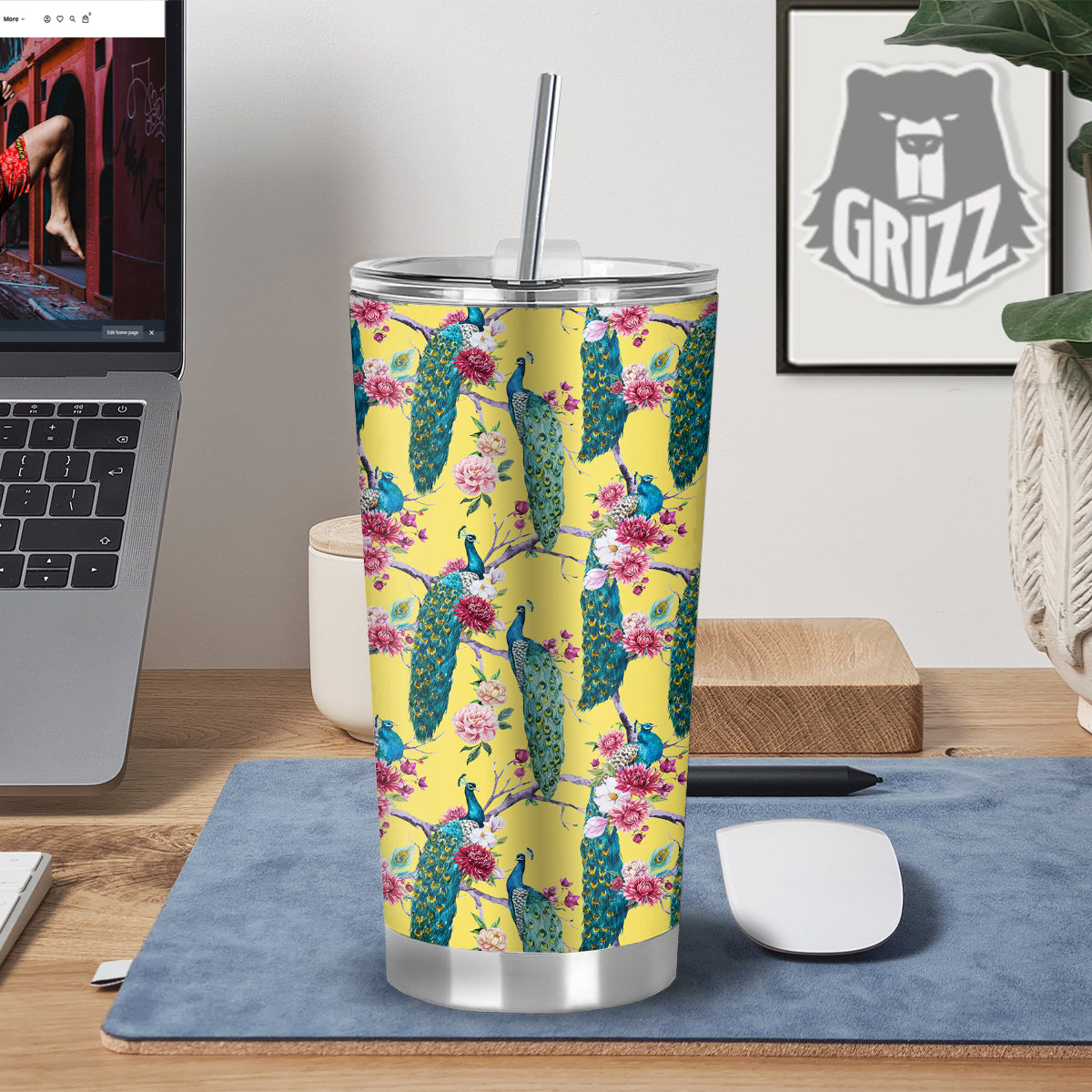 Peacock Vintage Watercolor Print Pattern Tumbler-grizzshop