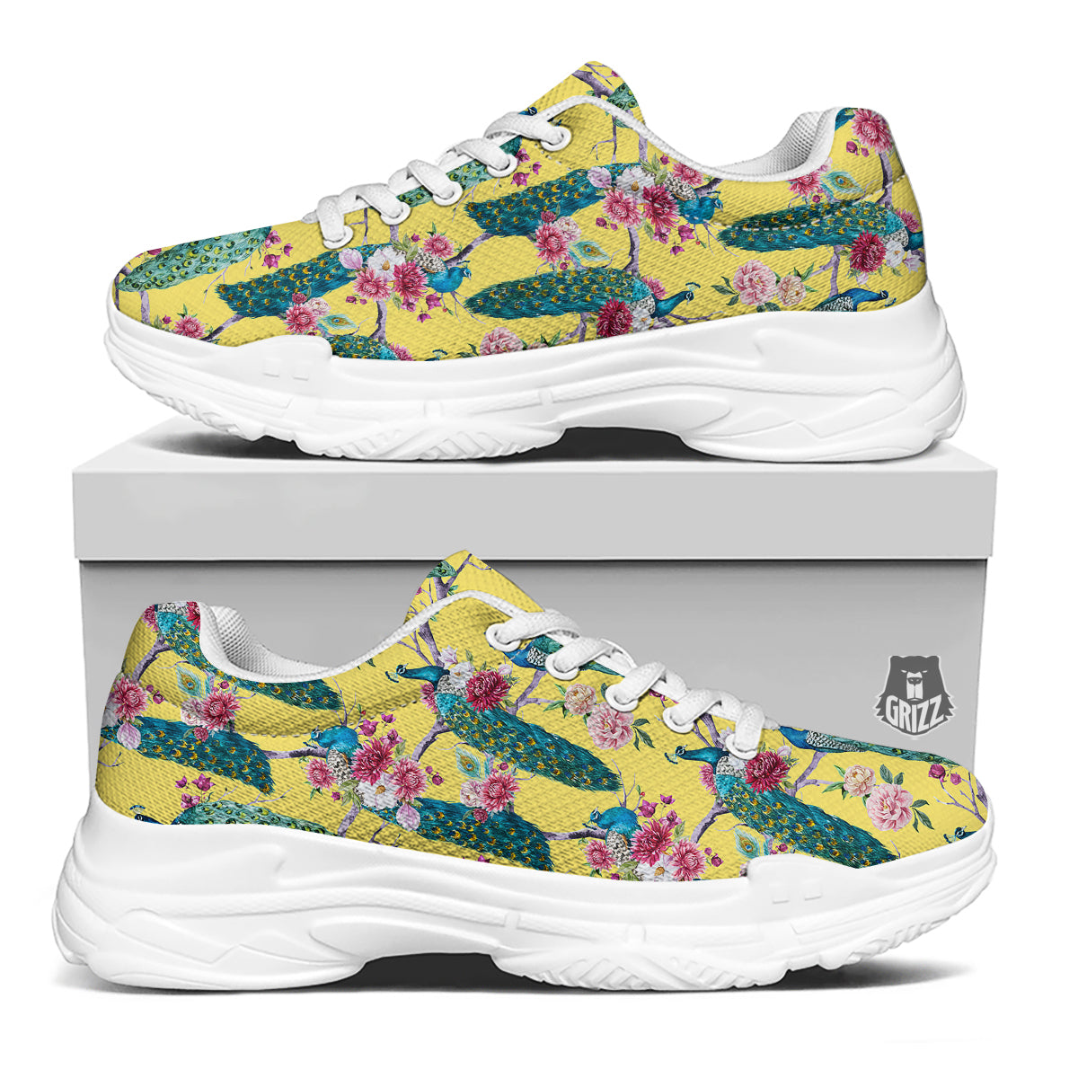 Peacock Vintage Watercolor Print Pattern White Chunky Shoes-grizzshop