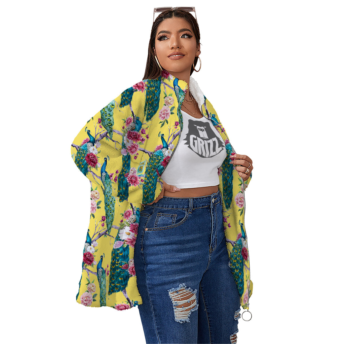Peacock Vintage Watercolor Print Pattern Women's Sherpa Jacket-grizzshop