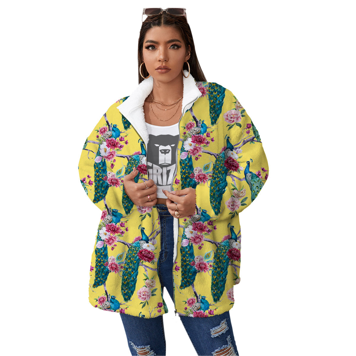 Peacock Vintage Watercolor Print Pattern Women's Sherpa Jacket-grizzshop