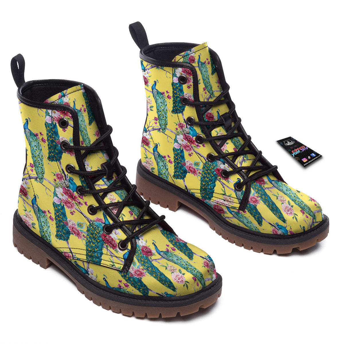 Peacock Vintage Watercolor Print Pattern Work Boots-grizzshop