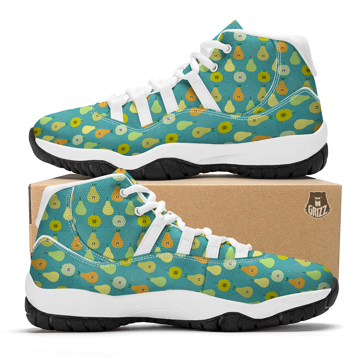 Pear Kiwi Print Pattern White Bball Shoes-grizzshop