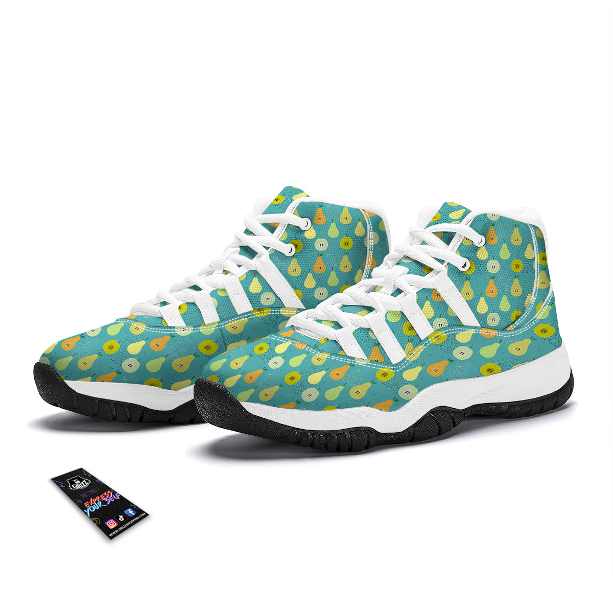 Pear Kiwi Print Pattern White Bball Shoes-grizzshop