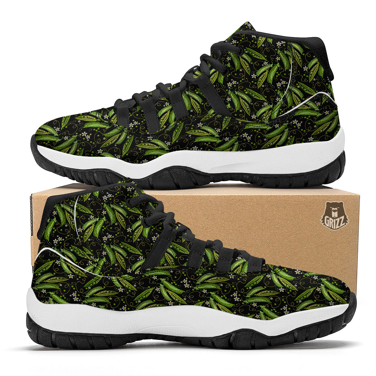 Peas And Daisy Embroidery Print Pattern Black Bball Shoes-grizzshop