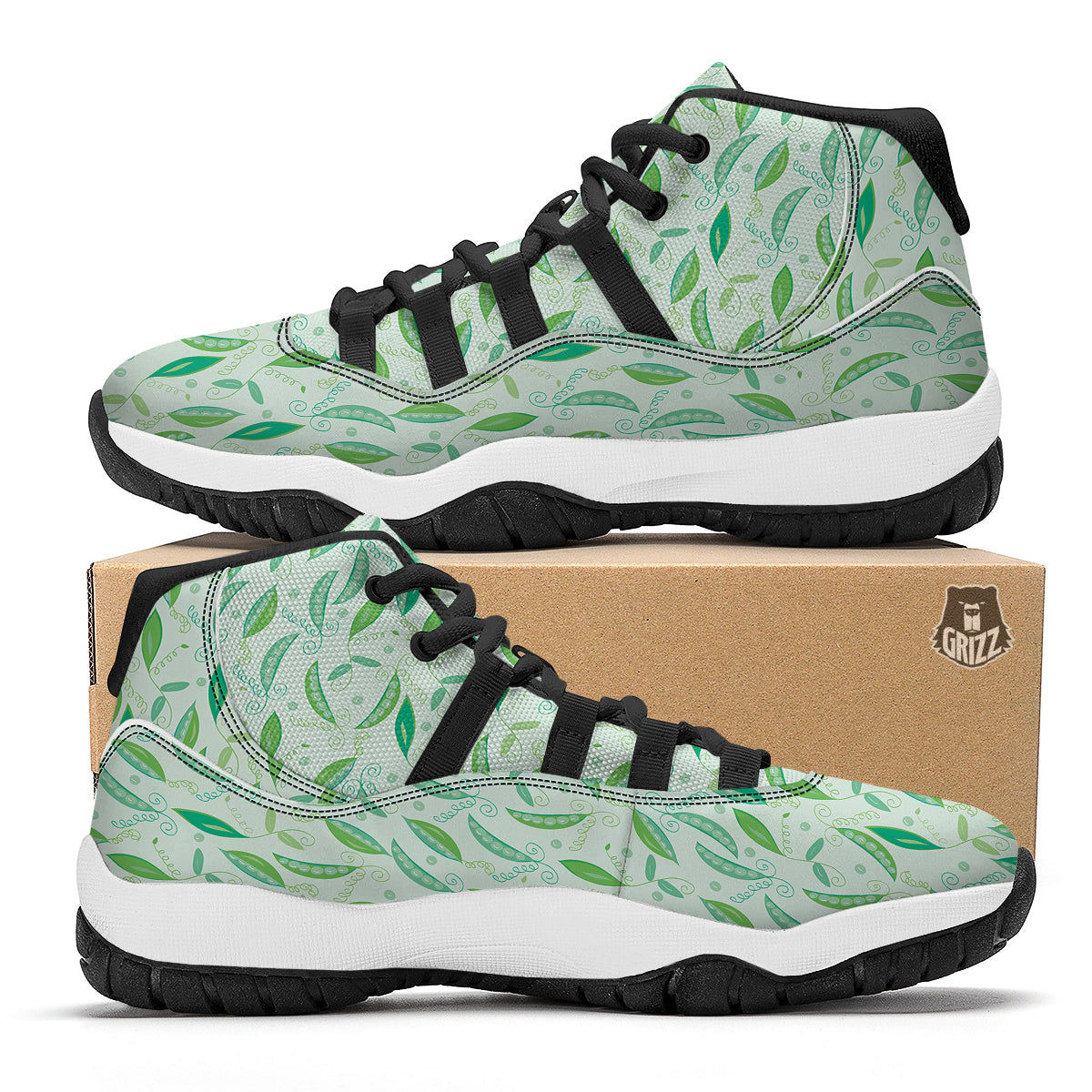 Peas Green Leaf Print Pattern Black Bball Shoes-grizzshop