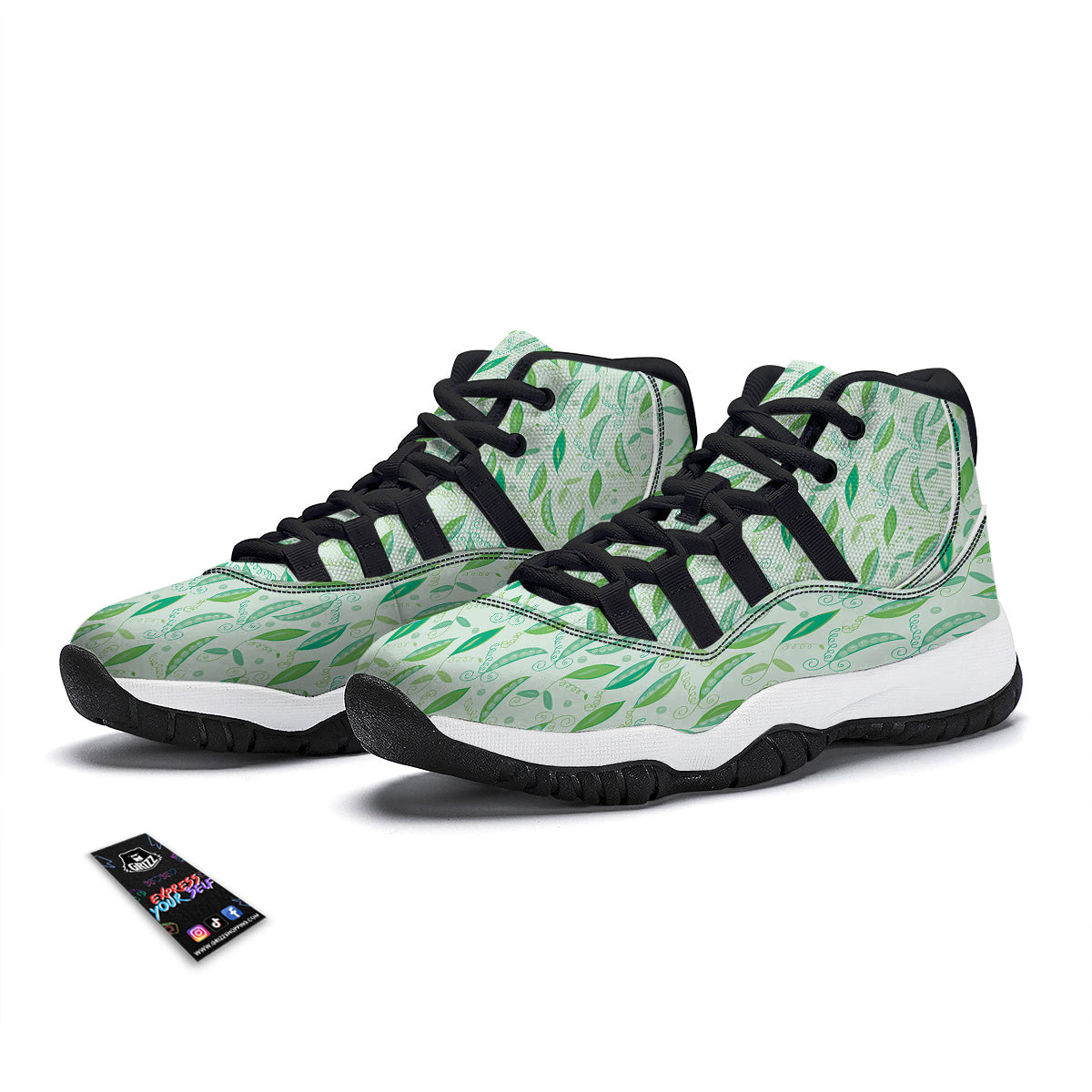 Peas Green Leaf Print Pattern Black Bball Shoes-grizzshop