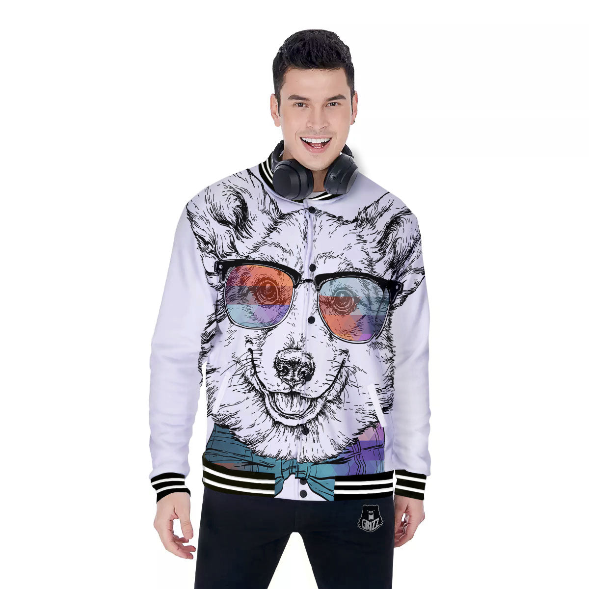 Pembroke Welsh Corgi Hipster Print Baseball Jacket-grizzshop