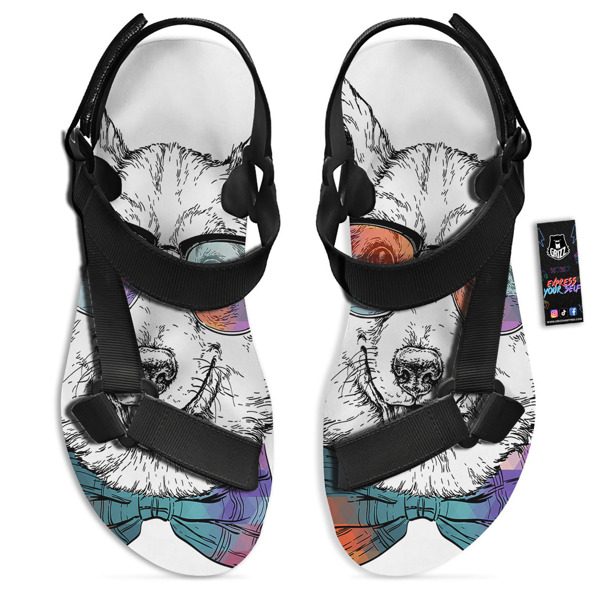 Pembroke Welsh Corgi Hipster Print Black Open Toe Sandals-grizzshop