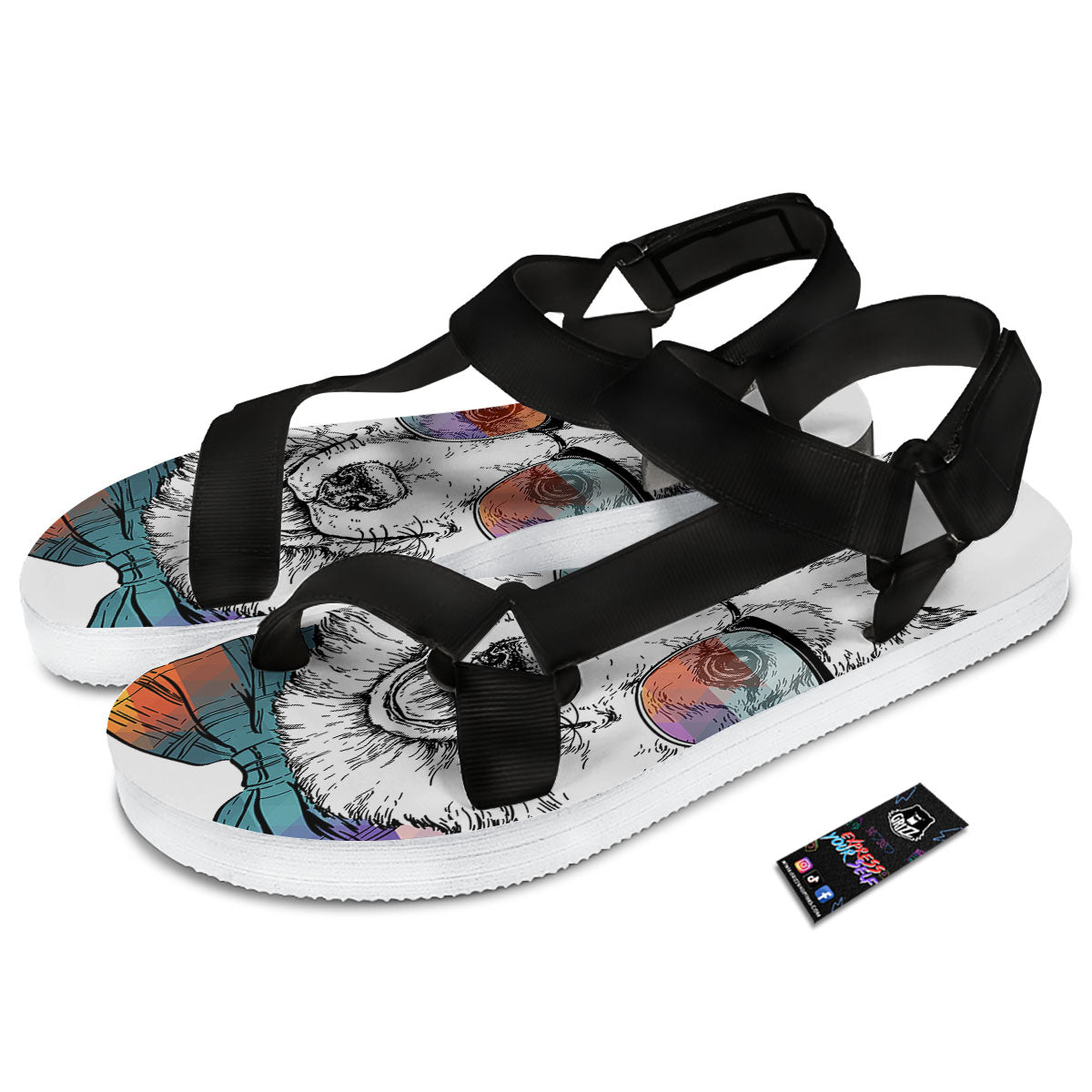 Pembroke Welsh Corgi Hipster Print Black Open Toe Sandals-grizzshop