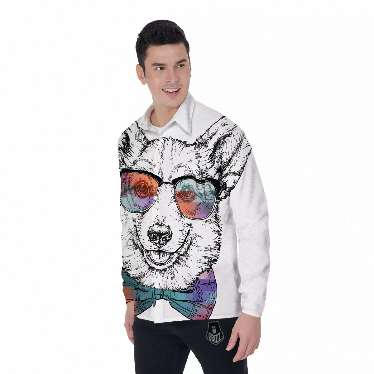 Pembroke Welsh Corgi Hipster Print Men's Long Sleeve Shirts-grizzshop