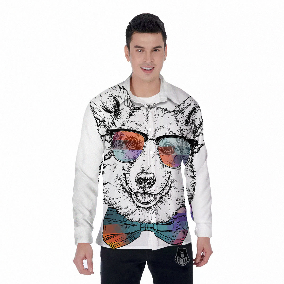 Pembroke Welsh Corgi Hipster Print Men's Long Sleeve Shirts-grizzshop