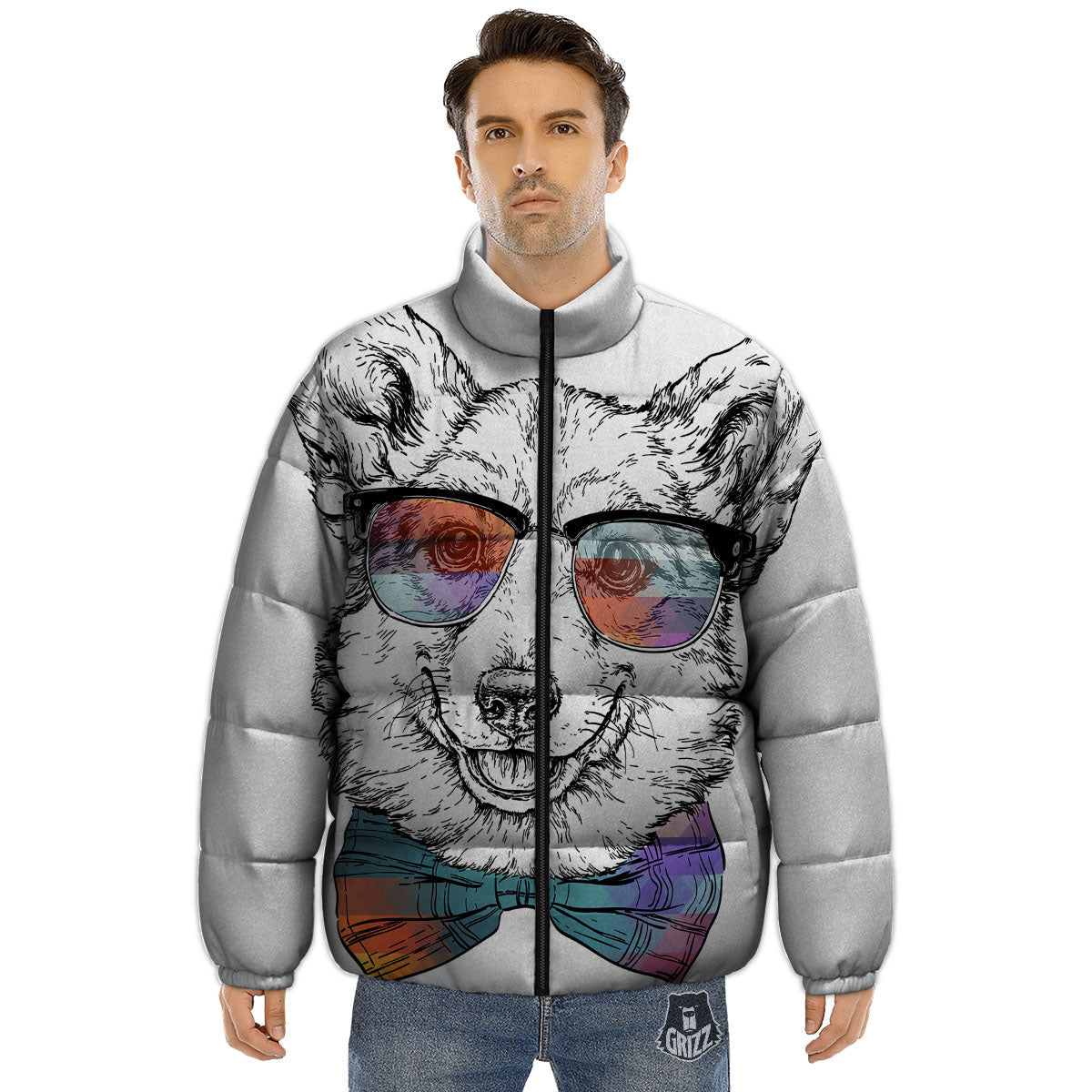 Pembroke Welsh Corgi Hipster Print Puffer Jacket-grizzshop