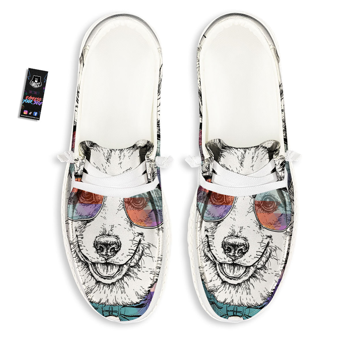Pembroke Welsh Corgi Hipster Print White Loafers-grizzshop