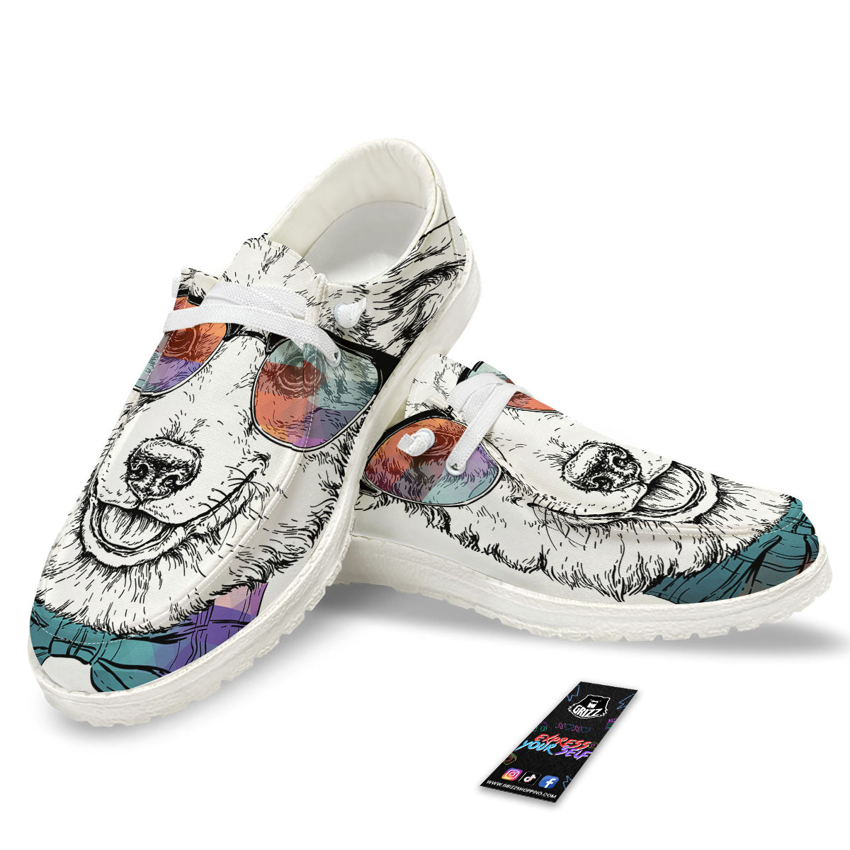 Pembroke Welsh Corgi Hipster Print White Loafers-grizzshop