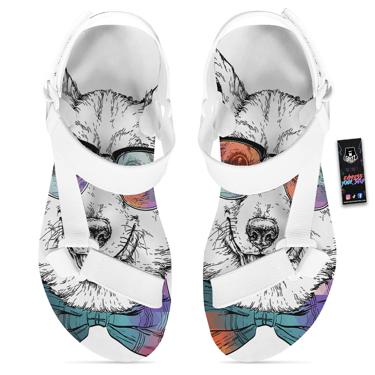 Pembroke Welsh Corgi Hipster Print White Open Toe Sandals-grizzshop