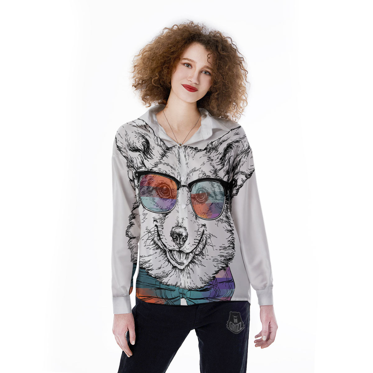 Pembroke Welsh Corgi Hipster Print Women's Long Sleeve Shirts-grizzshop
