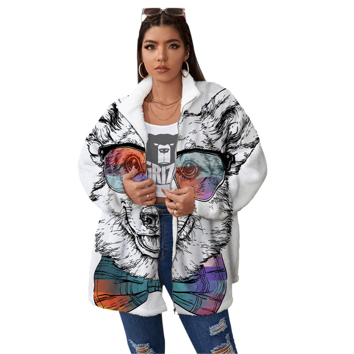 Pembroke Welsh Corgi Hipster Print Women's Sherpa Jacket-grizzshop