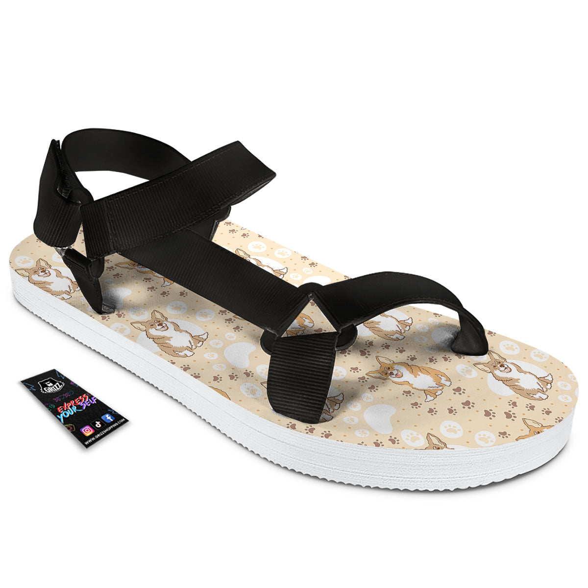 Pembroke Welsh Corgi Print Pattern Black Open Toe Sandals-grizzshop